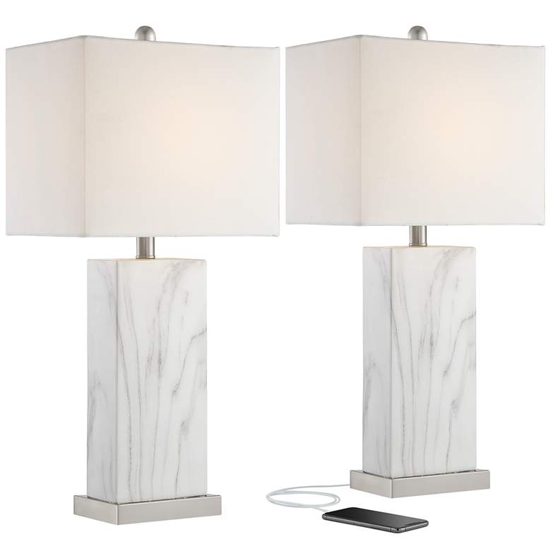 Image 3 360 Lighting Connie 25" White Faux Marble USB Table Lamps Set of 2