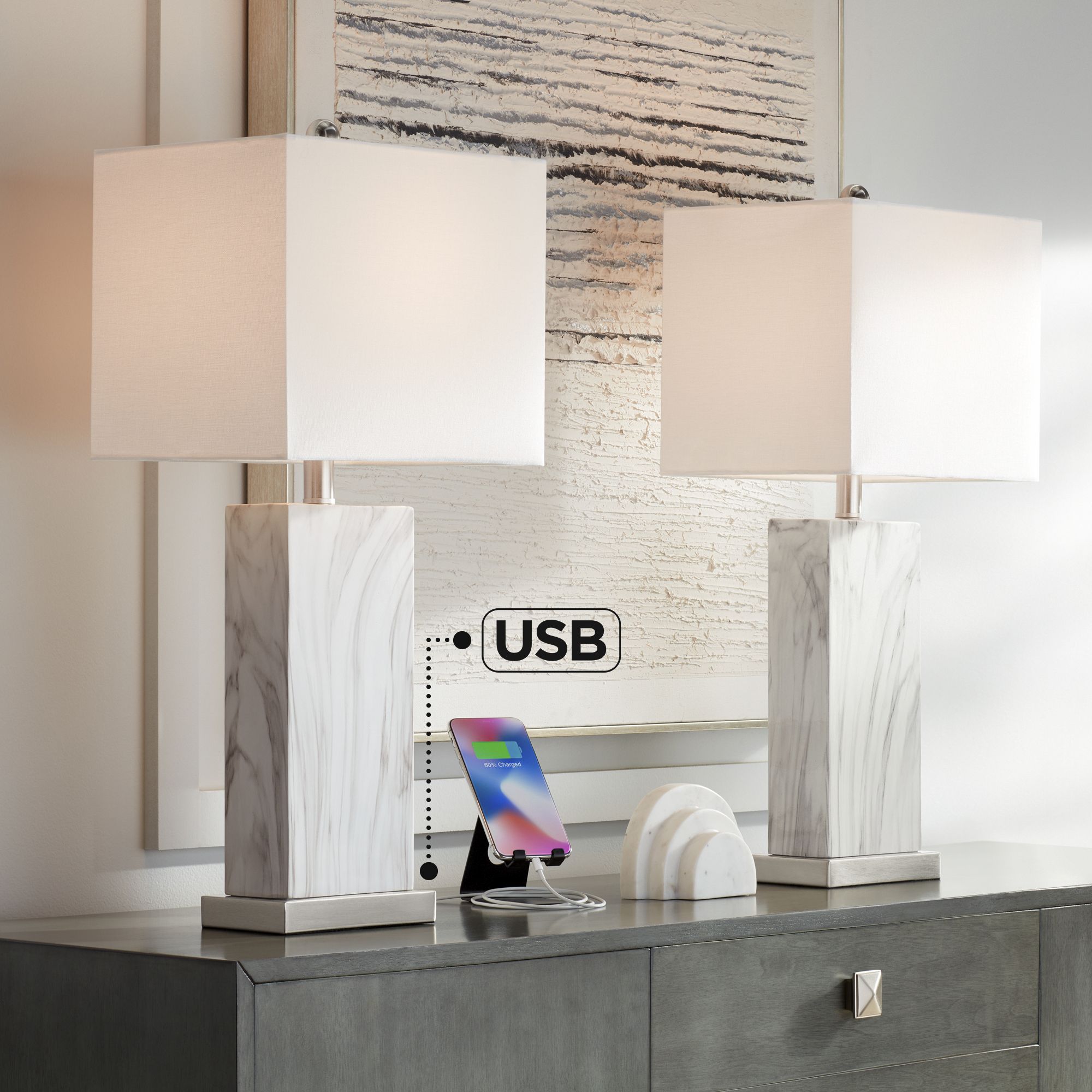 Watch A Video About the Connie White Faux Marble Modern USB Table Lamps Set of 2