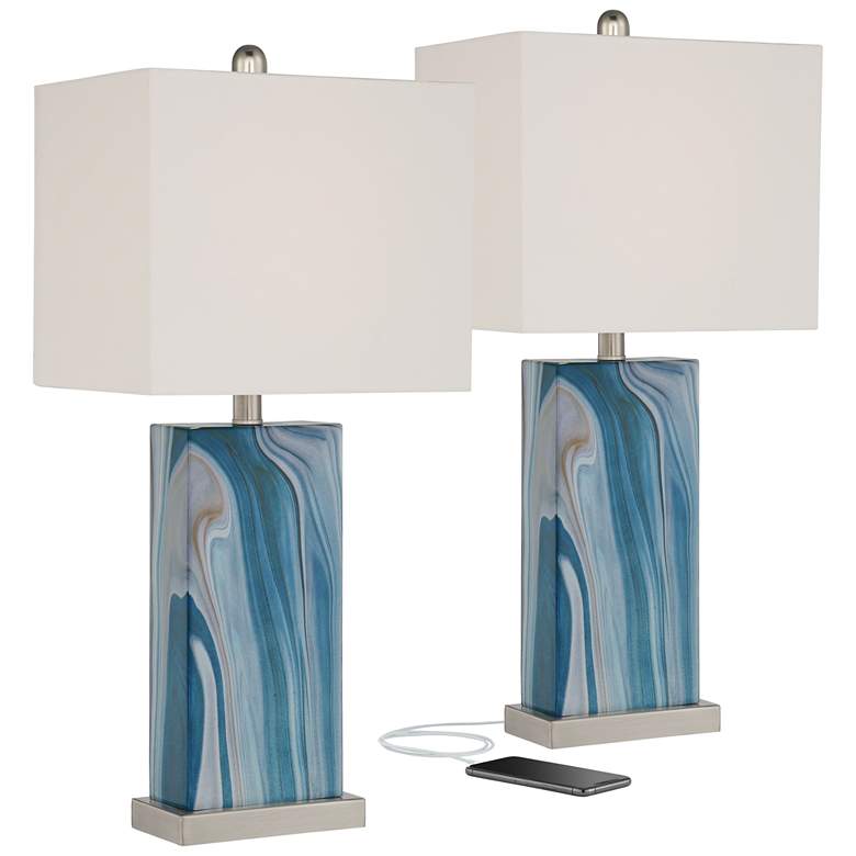 Image 2 360 Lighting Connie Blue Faux Marble USB Table Lamps Set of 2