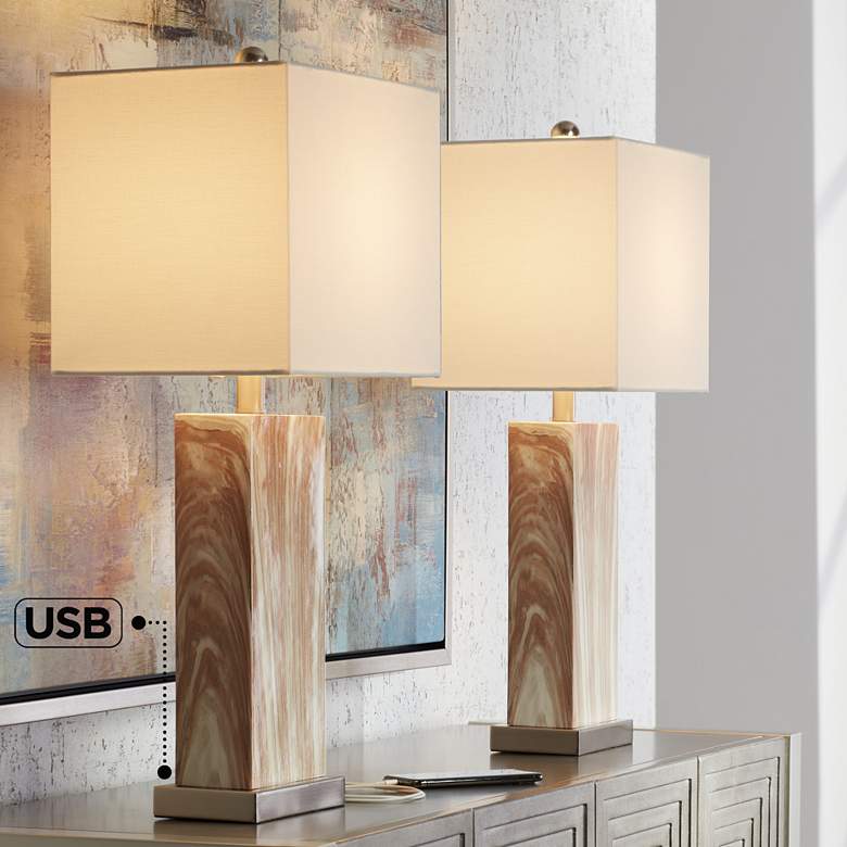 Image 1 360 Lighting Connie Faux Brown Marble USB Table Lamps Set of 2