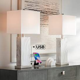 Image2 of 360 Lighting Connie White Faux Marble Modern USB Table Lamps Set of 2