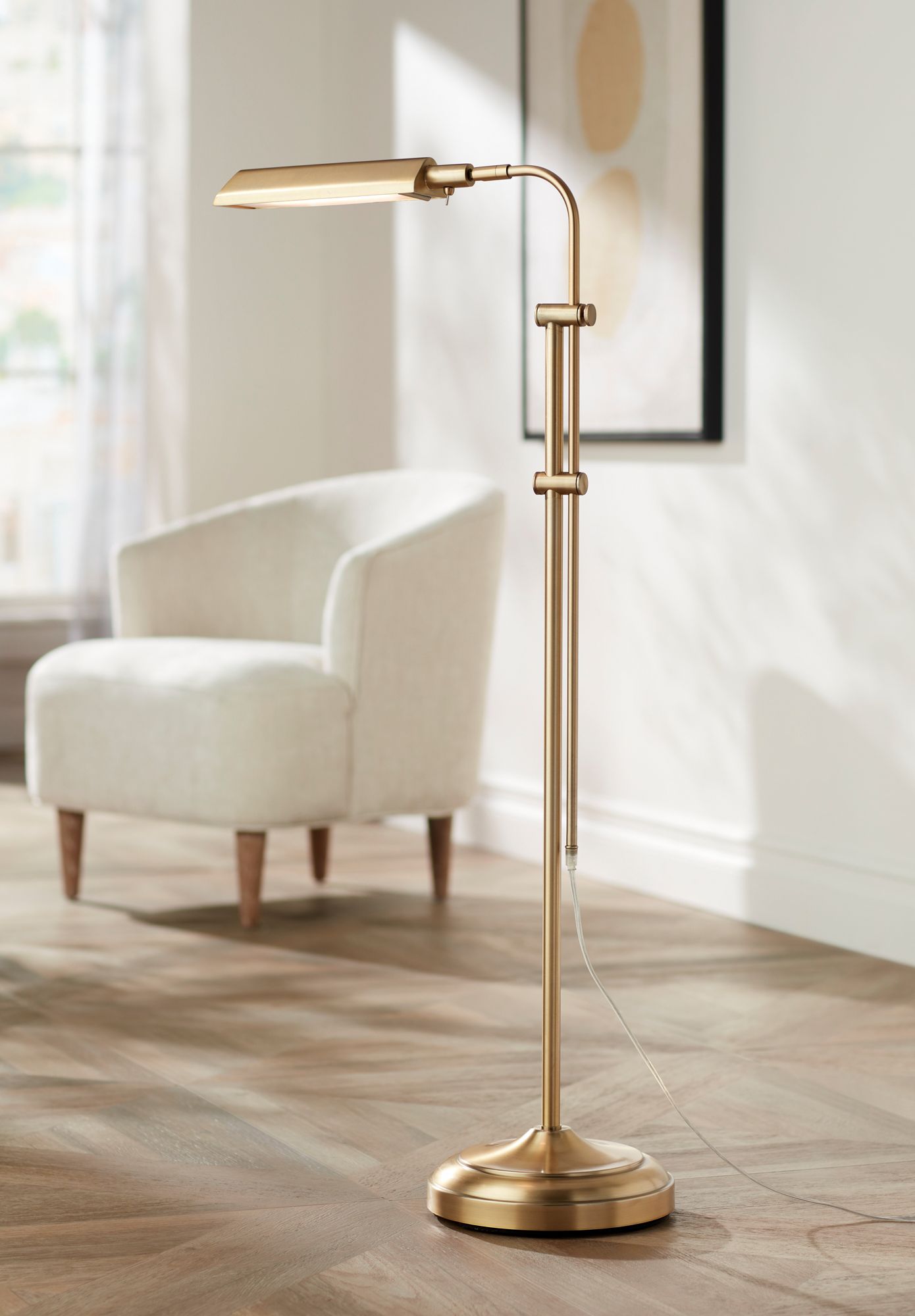 360 Lighting Culver Adjustable Height Aged Brass Pharmacy LED Floor Lamp in scene