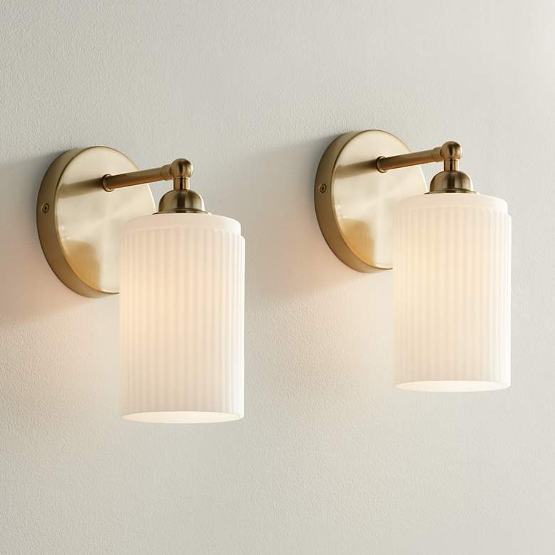 Image 1 360 Lighting David 9 1/2" High Gold and White Glass Sconces Set of 2