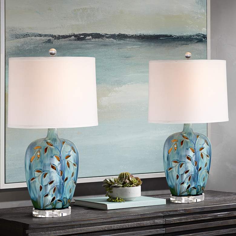 Image 1 360 Lighting Devan Vines Blue Ceramic Night Light Table Lamps Set of 2