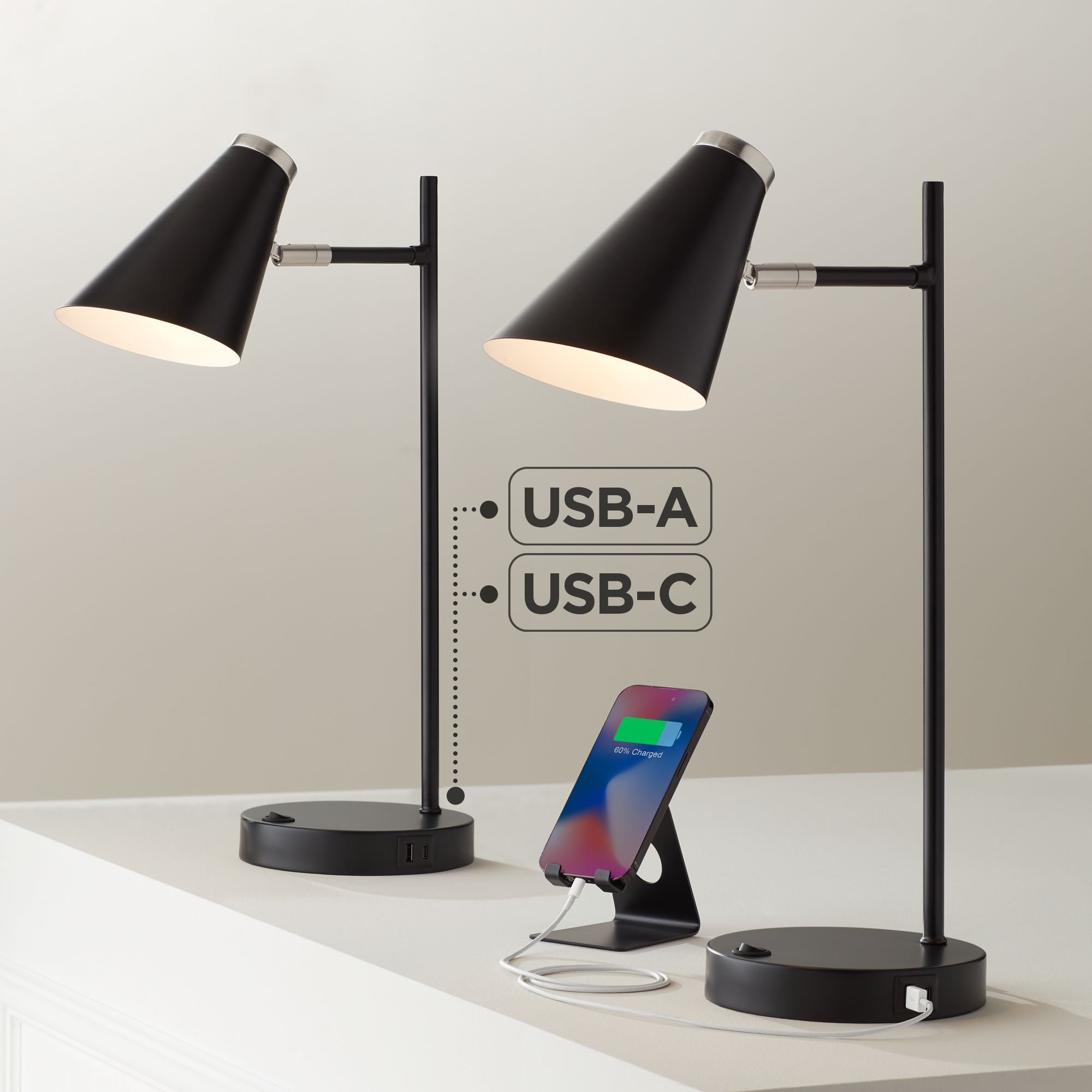 360 Lighting Duke 20 3/4" Nickel and Black Modern USB Lamps Set of 2