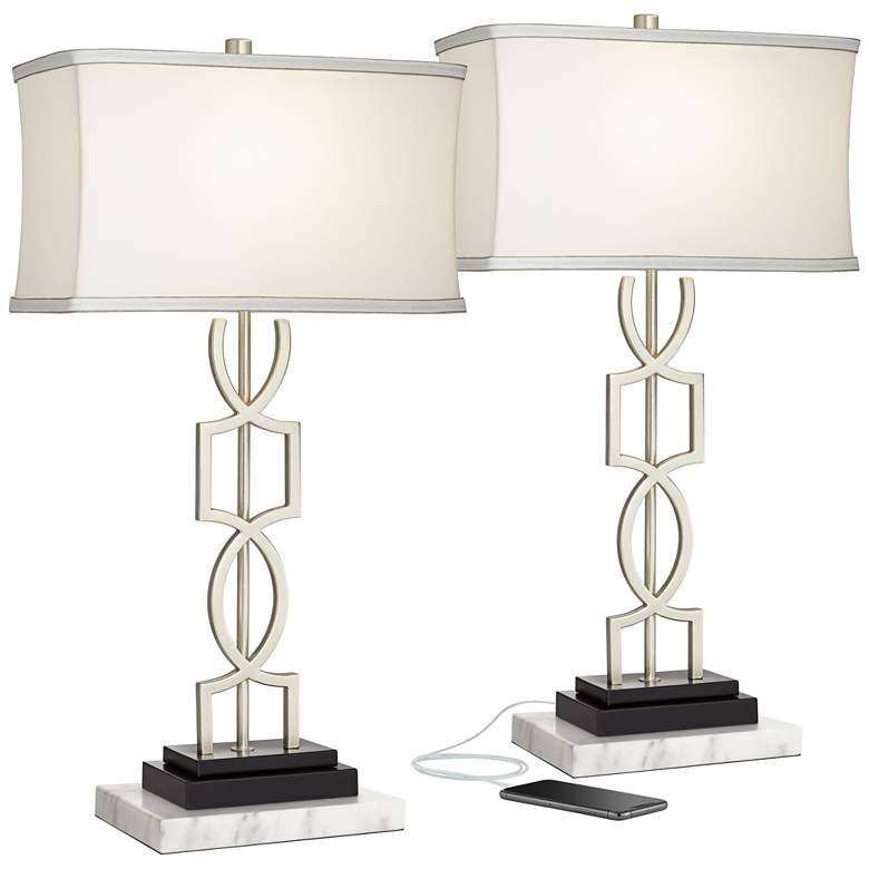 Image 1 360 Lighting Evan Brushed Nickel Lamps with White Marble Risers Set of 2