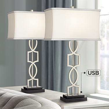 360 Lighting Seymore Modern Table Lamps 26 High Set of 2 Silver with USB  Charging Port LED Touch On Off White Drum Shade for Bedroom Living Room Desk