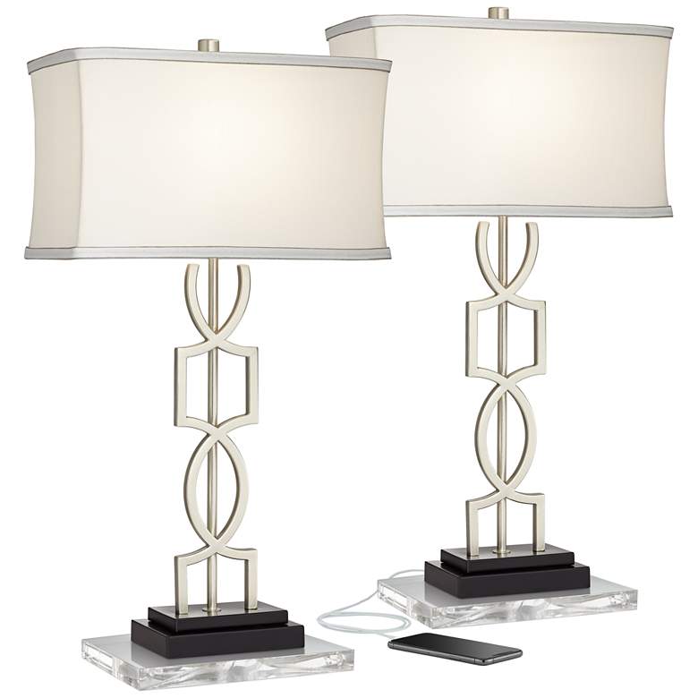 Image 1 360 Lighting Evan Brushed Nickel USB Lamps with Acrylic Risers Set of 2
