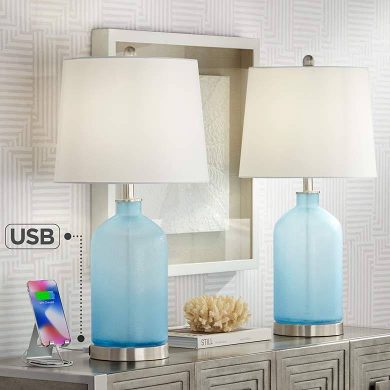 Image 1 360 Lighting Fairlane Blue Glass USB Table Lamps Set of 2