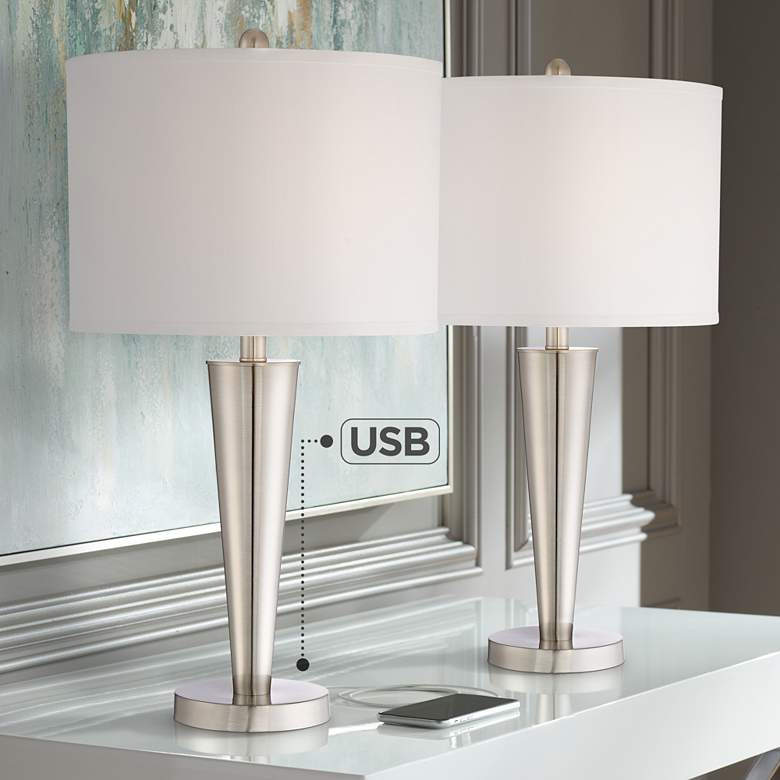 Image 2 360 Lighting Geoff 26 inch Brushed Nickel USB Table Lamps Set of 2