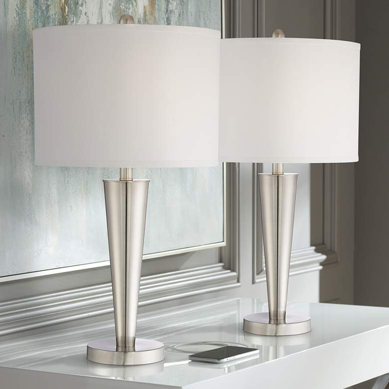 Image 1 360 Lighting Geoff 26" High Nickel USB Lamps Set of 2 with Dimmers