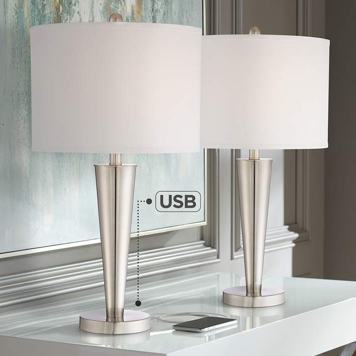 360 Lighting Seymore Modern Table Lamps 26 High Set of 2 Silver with USB  Charging Port LED Touch On Off White Drum Shade for Bedroom Living Room Desk