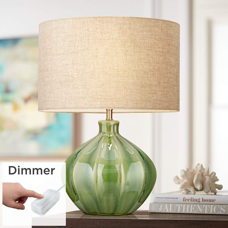 Image 1 360 Lighting Gordy 20 1/2 inch Green Ribbed Ceramic Table Lamp with Dimmer