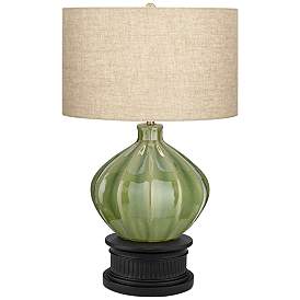 Image1 of 360 Lighting Gordy Green Ribbed Ceramic Table Lamp With Black Round Riser