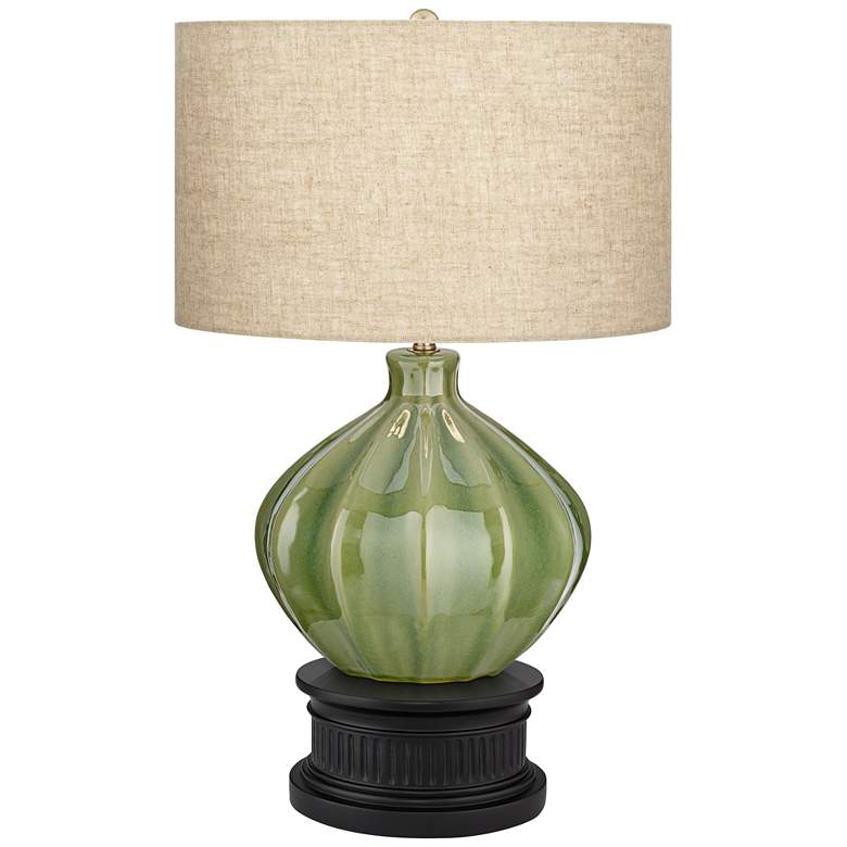 Image 1 360 Lighting Gordy Green Ribbed Ceramic Table Lamp With Black Round Riser
