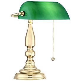 360 Lighting Hammond 14 High Green Glass and Brass Bankers Table