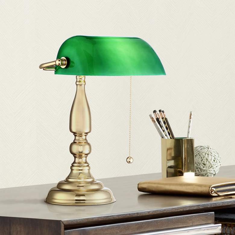 Image 1 360 Lighting Hammond 14 inch High Green Glass and Brass Bankers Table Lamp