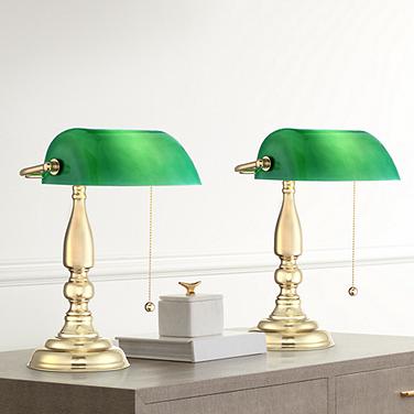 360 Lighting Hammond 14" Polished Brass Bankers Desk Lamps Set of 2