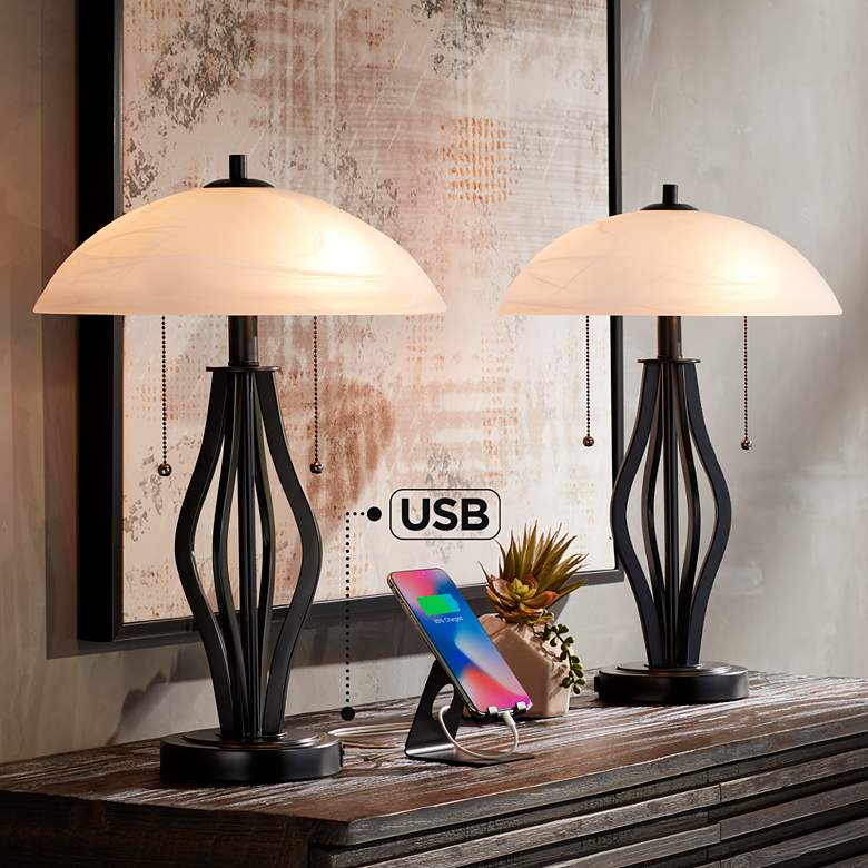 Image 1 360 Lighting Heather 21" Outlet and USB Dome Table Lamps Set of 2