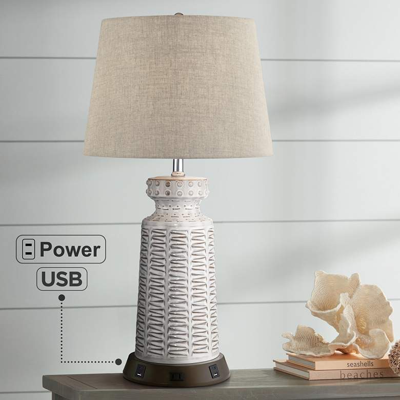 Image 7 360 Lighting Helene White Ceramic Table Lamp with USB Workstation Base more views