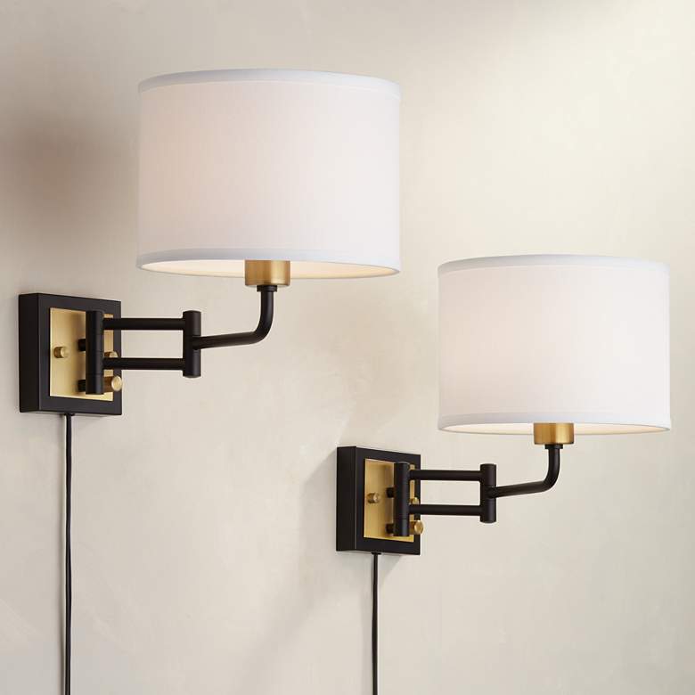 Image 1 360 Lighting Joelle Black Brass Swing Arm Plug-In Wall Lamps Set of 2