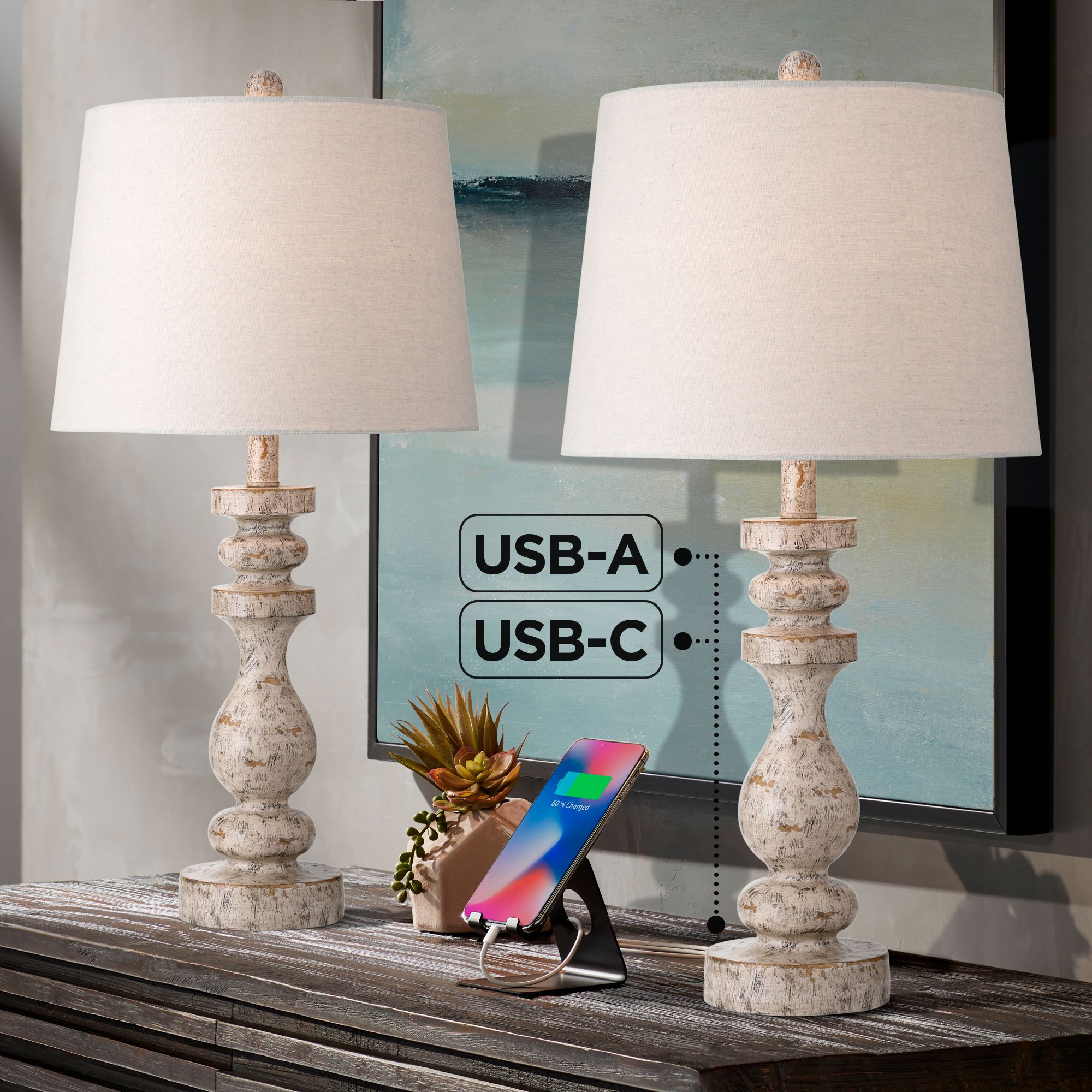 360 Lighting Jordanna 26" Distressed Finish USB Table Lamps Set of 2