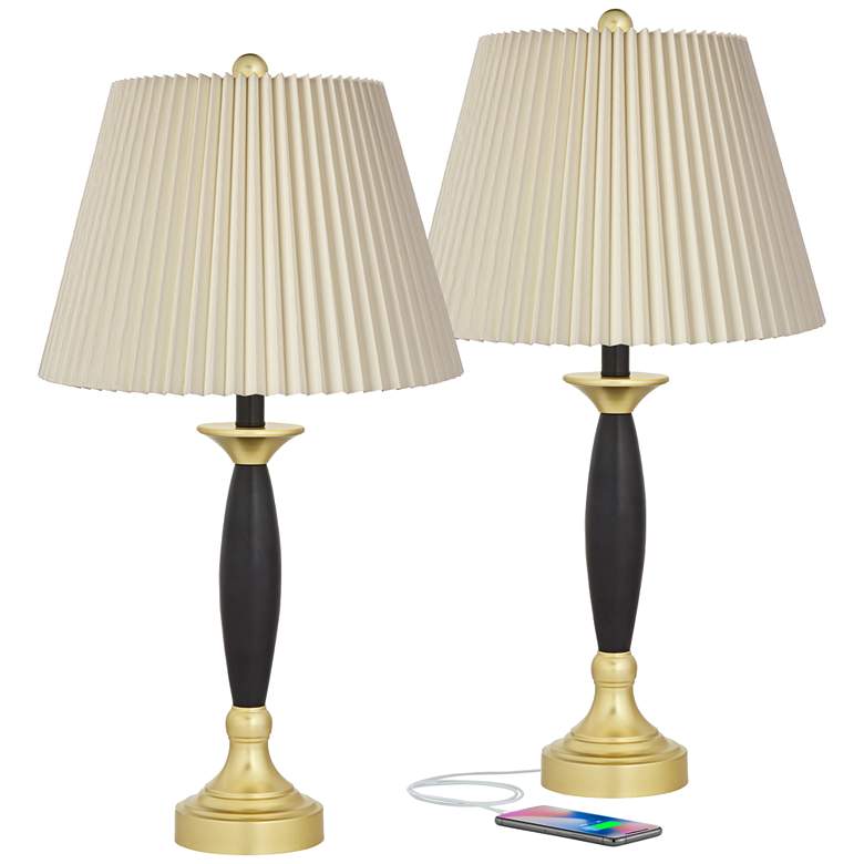 Image 1 360 Lighting Kamila Black Gold USB Table Lamps with Pleated Shades Set of 2