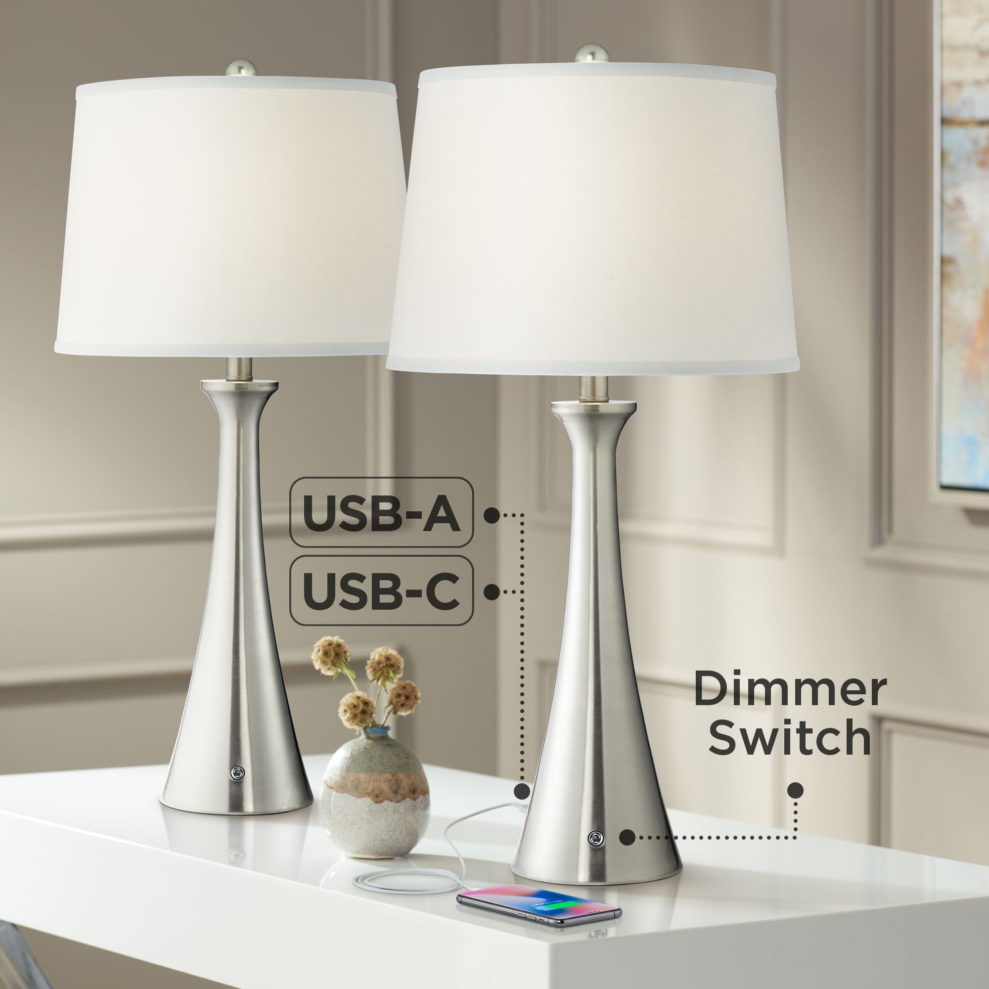 Watch A Video About the 360 Lighting Karl Brushed Nickel USB Lamps Set of 2 with Full Range Dimmers