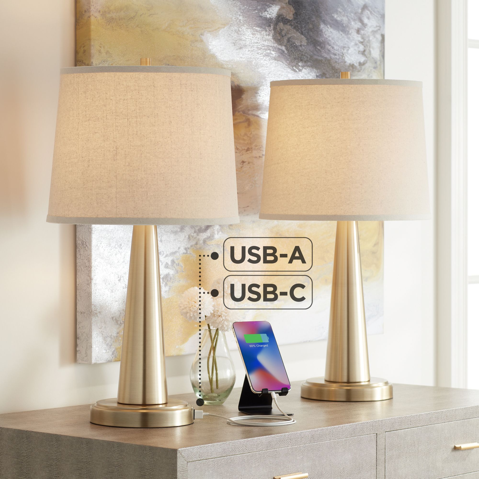 360 Lighting Karla 25" Brass Finish Modern USB Table Lamps Set of 2