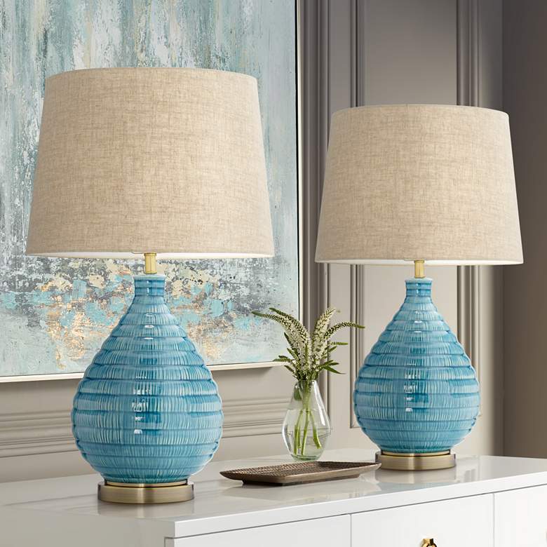 Image 1 360 Lighting Kayley 24 inch High Modern Blue Ceramic Table Lamps Set of 2