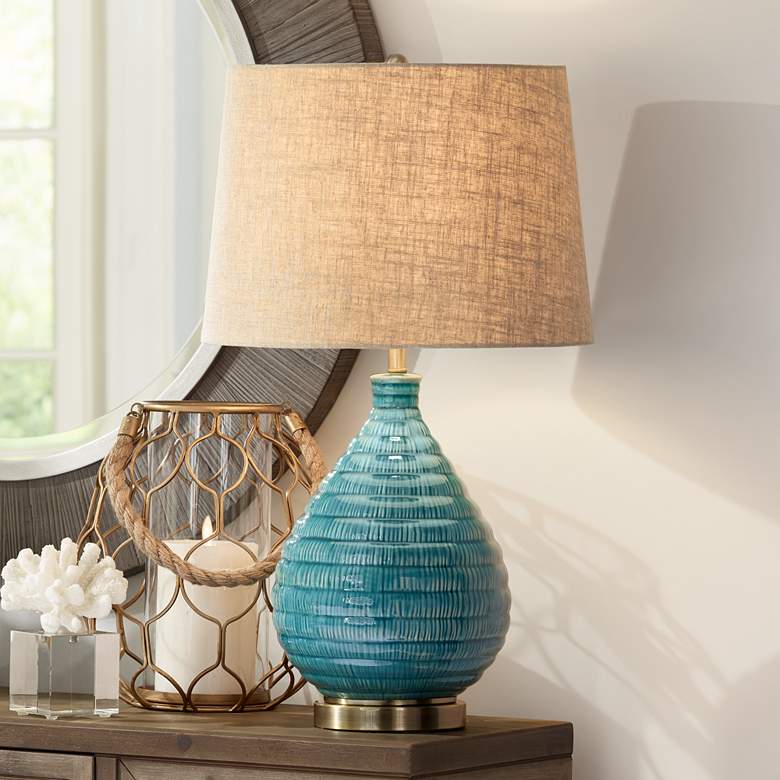 Image 2 360 Lighting Kayley 24" Linen Shade Sky Blue Ceramic Table Lamp