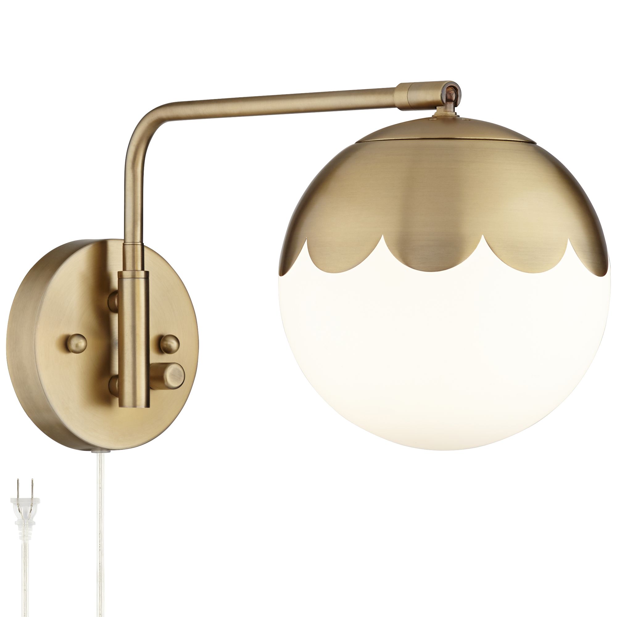 360 Lighting Kelowna Brass and Glass Globe Swing Arm Plug-In Wall