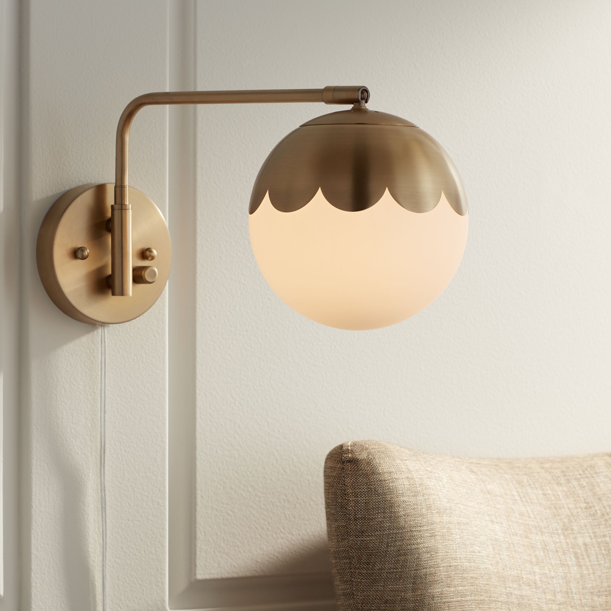 360 Lighting Kelowna Brass and Glass Globe Swing Arm Plug-In Wall