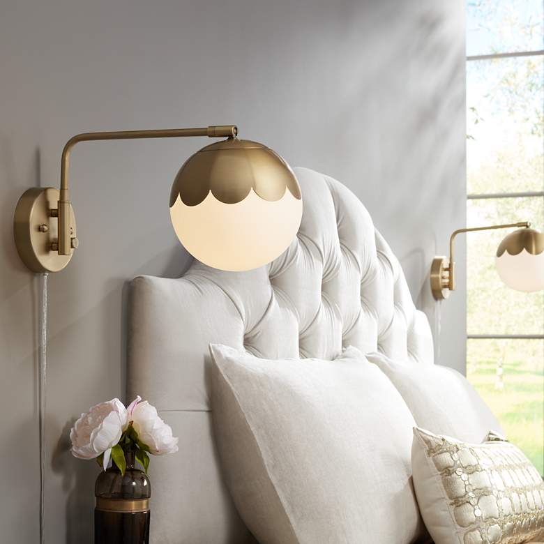 Image 1 360 Lighting Kelowna Brass Glass Globe Plug-In Swingarm Wall Lamps Set of 2