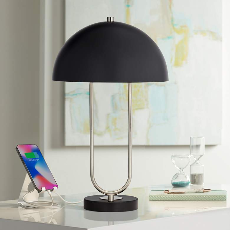 Image 1 360 Lighting Keo 22" High Modern Black Dome Twin USB Port Table Lamp