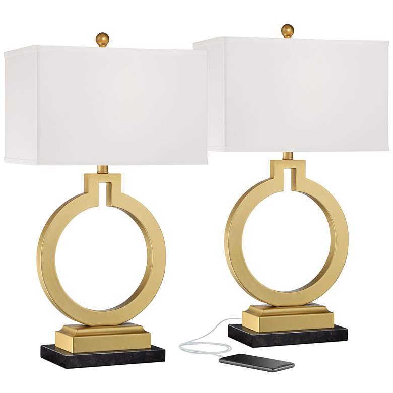 Image 1 360 Lighting Lauren Gold Ring USB Lamps with Black Marble Risers - Set of 2