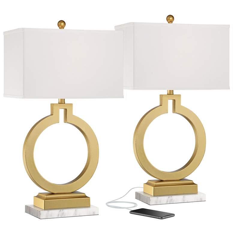 Image 1 360 Lighting Lauren Gold Ring USB Lamps with White Marble Risers - Set of 2