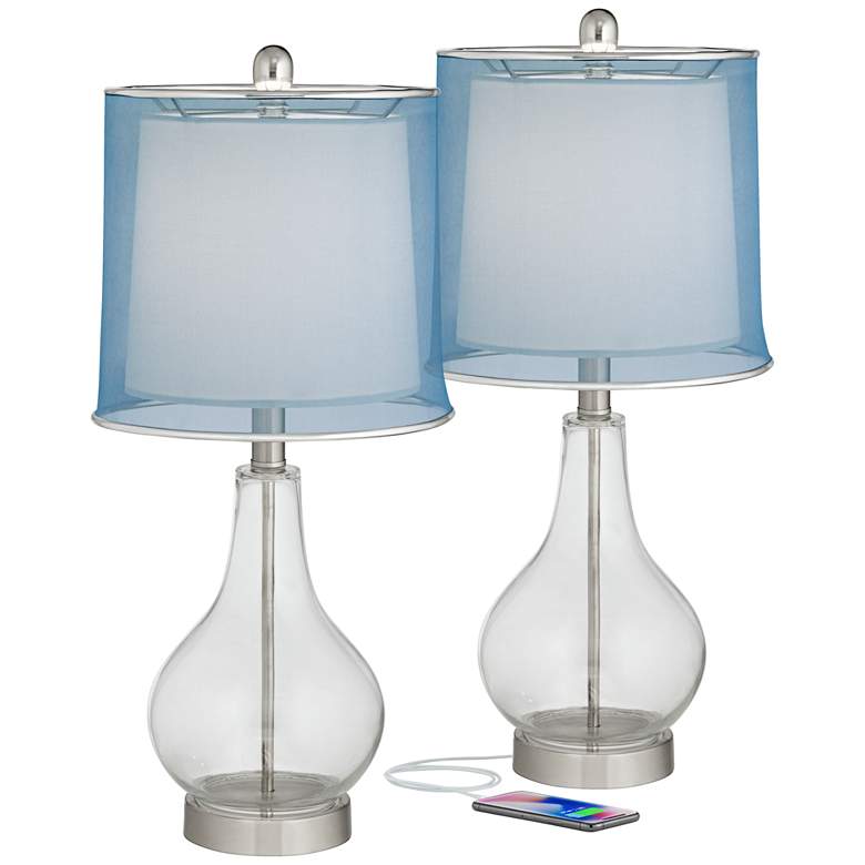 Image 2 360 Lighting Ledger 21 3/4" Blue Shade Clear Glass USB Lamps Set of 2
