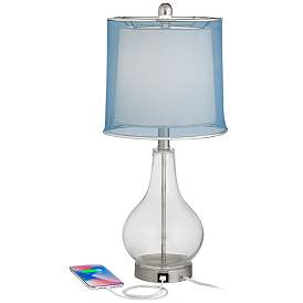 Image3 of 360 Lighting Ledger 21 3/4" Blue Shade Clear Glass USB Lamps Set of 2 more views