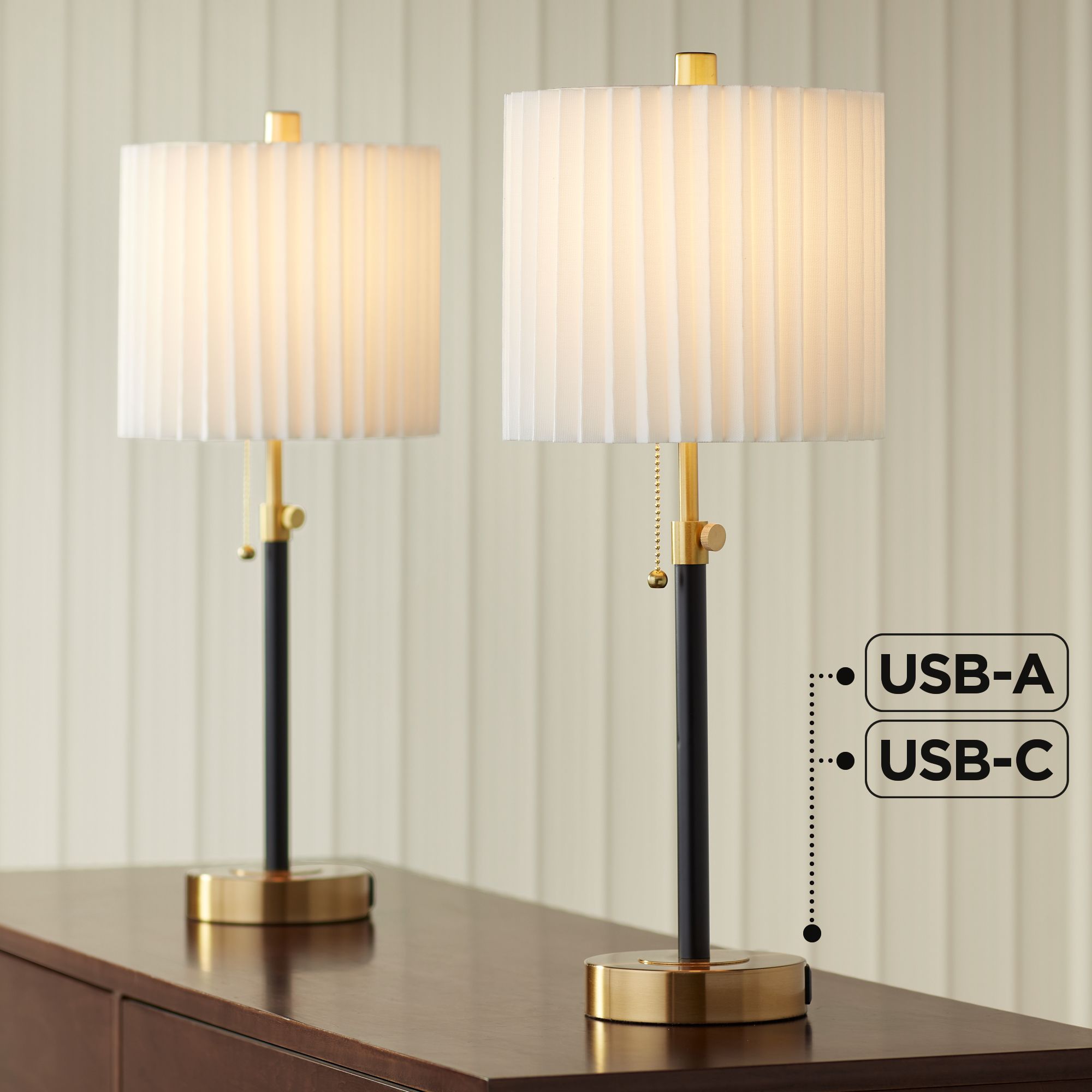 360 Lighting Lenore Adjustable Height Black and Gold USB Lamps Set of 2