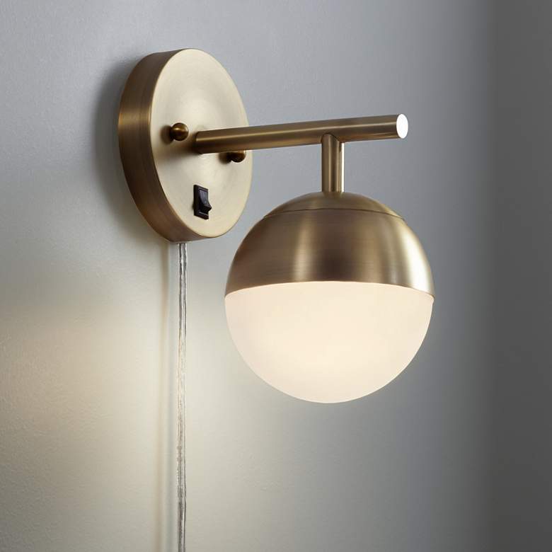Image 1 360 Lighting Luna 10" Globe Brass Plug-In Wall Lamp with USB Dimmer