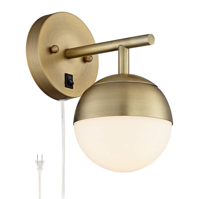 Image 2 360 Lighting Luna Brass and White Glass Globe Modern Plug-In Wall Lamp