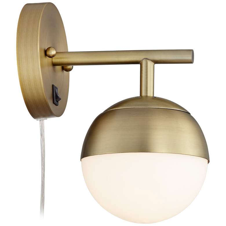 Image 5 360 Lighting Luna Brass and White Glass Globe Modern Plug-In Wall Lamp more views