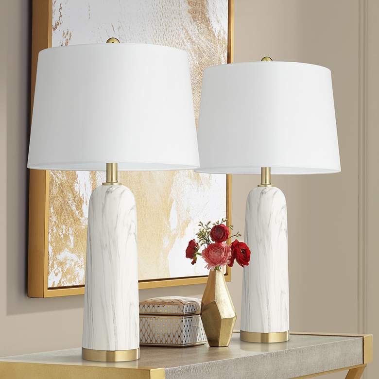360 Lighting Maceao Faux Marble Modern White Table Lamps Set of 2
