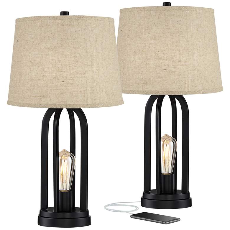 Image 2 360 Lighting Marcel 24 1/4 inch Black and Burlap LED USB Lamps Set of 2