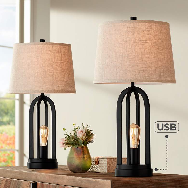 Image 1 360 Lighting Marcel 24 1/4 inch Black and Burlap LED USB Lamps Set of 2