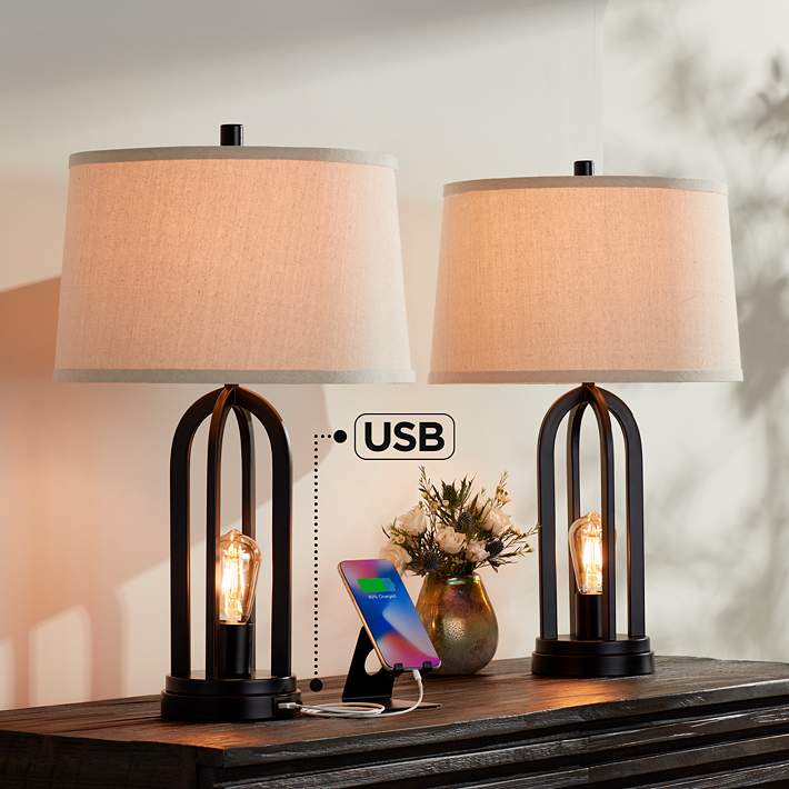 360 Lighting Marcel Black LED USB Night Light Table Lamps Set of 2