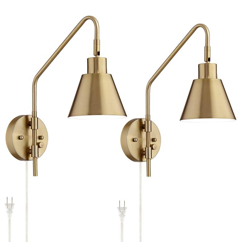 Image 2 360 Lighting Marybel Antique Brass Plug-In Swing Arm Wall Lamps Set of 2