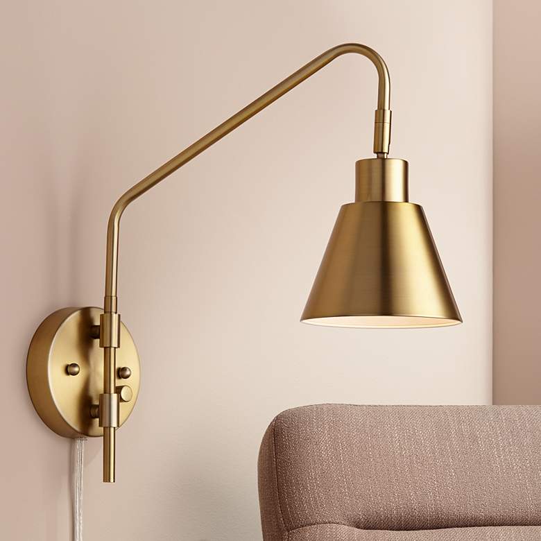 Image 1 360 Lighting Marybel Brass Adjustable Downlight Swing Arm Plug-In Wall Lamp