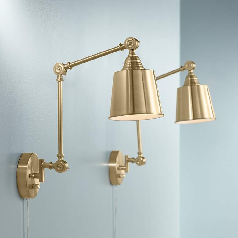 Image 1 360 Lighting Mendes Antique Brass Swing Arm Plug-In Wall Lamps Set of 2